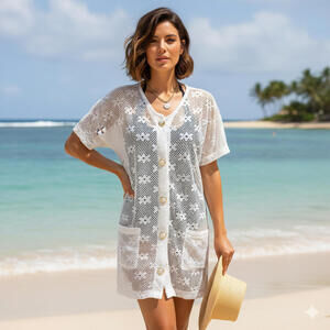 White Button-Front Cover-Up S/M Floral Beach Summer Pockets